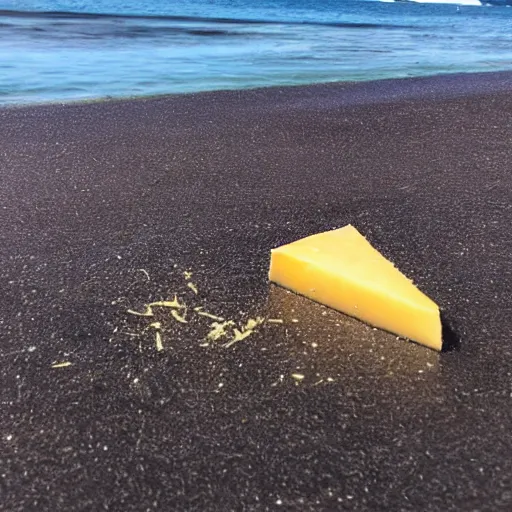 Prompt: a slice of cheese melting on the beach. big yacht on back scene. iphone photo. naturalism