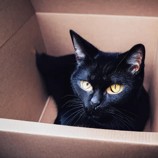 Image similar to a closeup depth of field shot of a black cat whose face is half black and half grey, perfectly split down the middle, laying in a box, photograph, bedroom, professional lighting and focus