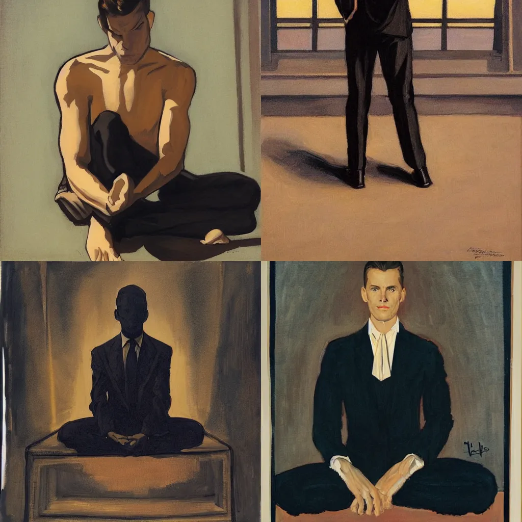 Prompt: man in black, meditation pose, new york city view, leyendecker style