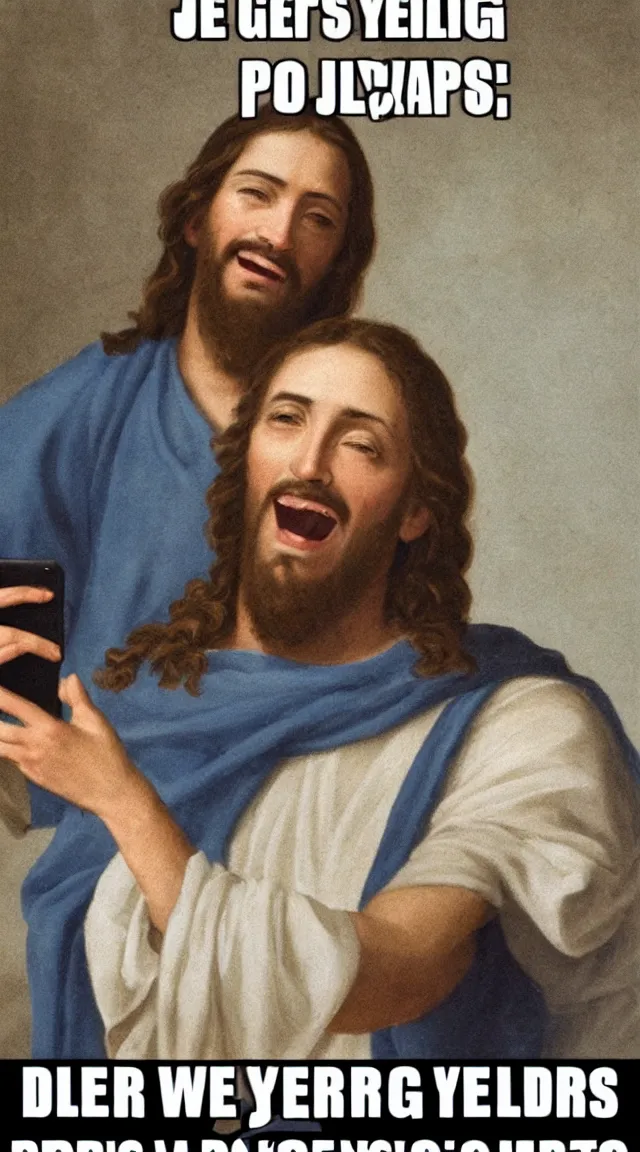 Image similar to Jesus taking a selfie. He is laughing because see a meme.no letters, year 0 clotes, Professional photo