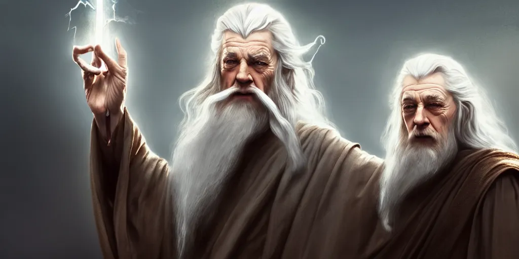 Prompt: a handsome bearded white male sorcerer, he is casting a spells coming from his hands. gandalf, brown hair, epic composition, closed hands, waist up, trending on artstation, concept art,