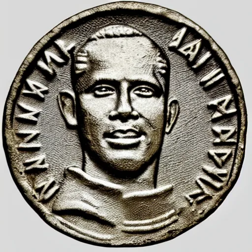 Prompt: Barack Obama on an ancient Greek Coin, archeology archive photo