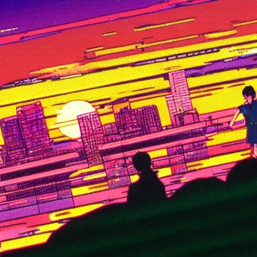 Image similar to new york sunset, sprite, vaporwave nostalgia, directed by beat takeshi, visual novel cg, 8 0 s anime vibe, kimagure orange road, maison ikkoku, sketch by osamu tezuka, directed by makoto shinkai and beat takeshi