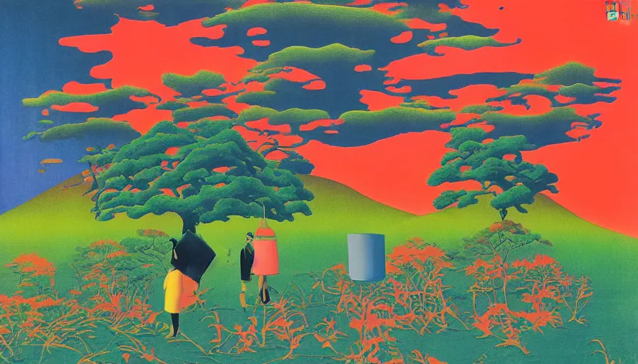 Image similar to Japan rural splendor travel and tourism c2050, surrealist psychedelic collage painting in the style of Magritte, Roger Dean, Yoshio Awazu, muted deep neon color