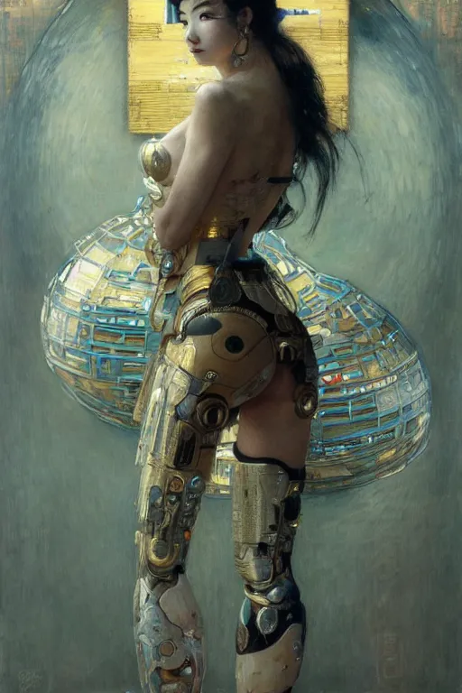 Prompt: portrait full body geisha cyborg painting by gaston bussiere, greg rutkowski, yoji shinkawa, yoshitaka amano, tsutomu nihei, donato giancola, tim hildebrandt, gustav klimt, oil on canvas, trending on artstation, featured on pixiv, cinematic composition, extreme detail