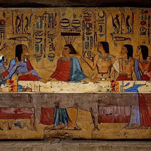 Image similar to on an old stone tomb wall, symbolic ancient Egyptian hieroglyphics depicting The Last Supper by Leonardo Da Vinci