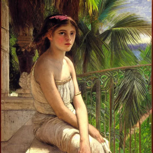 Image similar to a ultradetailed beautiful painting of a girl in the amazonas palace balustrade designed by jules bastien - lepage, hans belmer, frank weston and gustave baumann, beach, trending on artstation, mediterranean, palm trees, detailed face, sharp focus, soft light, 8 k 4 k