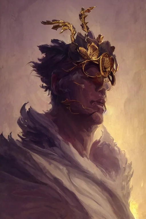 Image similar to a masculine elegant man from sideview and wearing golden laurel wreath, ethereal horror fantasy propaganda art by greg rutkowski and magali villanueve and monet con