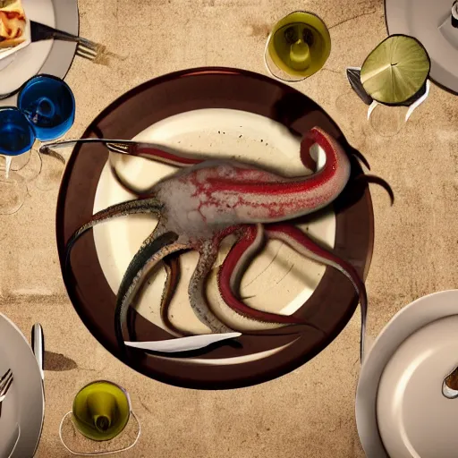 Image similar to a squid in the middle of a dinner table, there are plates setup, realistic hd photo