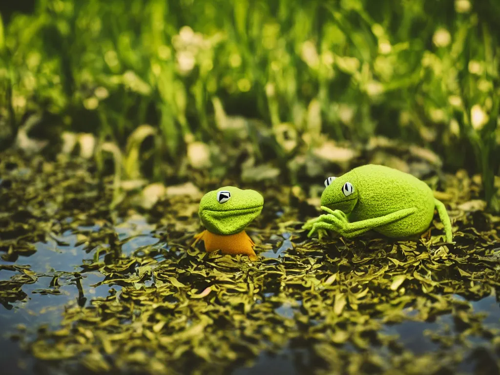 Prompt: Kermit the frog by a pond 35mm portrait photography depth of field golden hour award winning