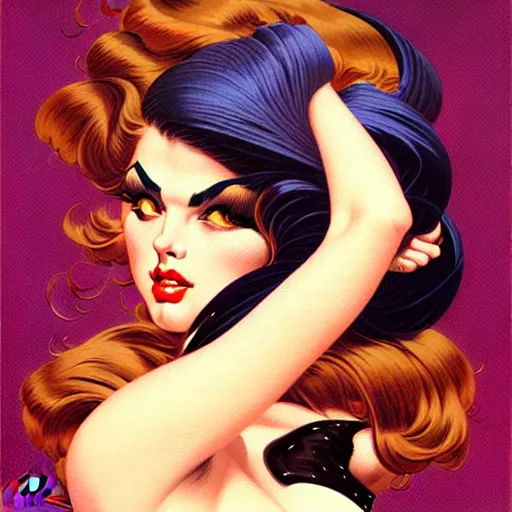 Image similar to head and shoulders portrait of Morrigan of Darkstalkers illustration, medium shot, intricate, elegant, highly detailed, digital art, ffffound, art by gil elvgren and sachin teng