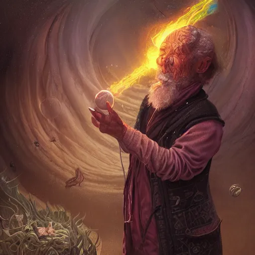 Prompt: old wizard summoning a geyser of psychedelic energy from the ground, hyper - detailed, cgsociety, 8 k, high resolution, in the style of charlie bowater, tom bagshaw, norman rockwell, gerald brom, adam hugh