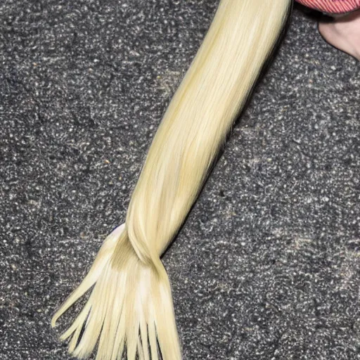 Image similar to a mop of blonde hair standing on 8 skinny black legs