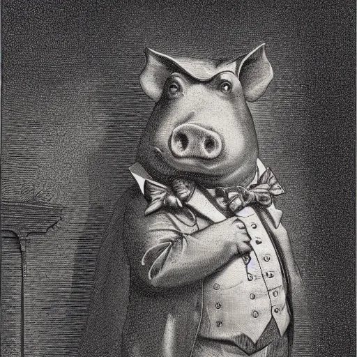 Prompt: detailed portrait of a creepy pig in a tuxedo, dramatic light, Chiaroscuro, dark, illustration by Paul Gustave Doré