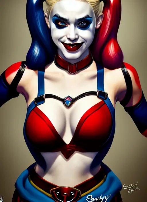 Image similar to photo of a gorgeous harley quinn in the style of stefan kostic, realistic, sharp focus, 8 k high definition, insanely detailed, intricate, elegant, art by stanley lau and artgerm