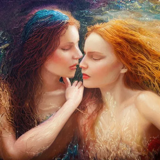 Image similar to an oil painting of two women under water holding hands, photo realistic, intricate details, flowing dresses and hair, volumetric lighting, Jennifer packer style