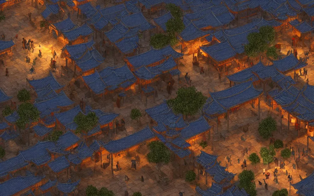 Image similar to the square of a medieval chinese village with a well in the center, arches, orange light, highly detailed, cinematic lighting, render, fantasy