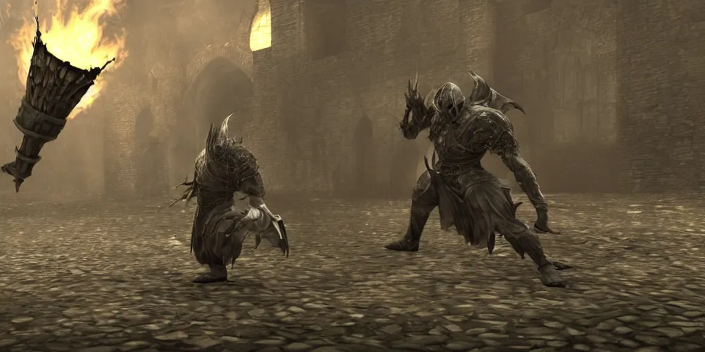 Image similar to minion as a darksouls boss, horror, hd, screenshot,