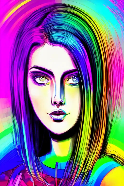 Image similar to a award winning half body portrait of a beautiful woman with stunning eyes in a croptop and cargo pants with rainbow colored hair, routlined by whirling illuminated neon lines, fine rainbow colored lines swirling in circles, outrun, vaporware, shaded flat illustration, halftone, digital art, trending on artstation, highly detailed, fine detail, intricate