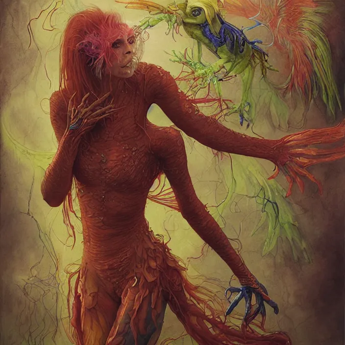 Prompt: a portrait photograph of claire danes as a brightly colored harpy amphibian hybrid with wet mutated skin. wearing a translucent organic catsuit. by tom bagshaw, donato giancola, hans holbein, walton ford, gaston bussiere, brian froud, peter mohrbacher and magali villeneuve. 8 k, cgsociety