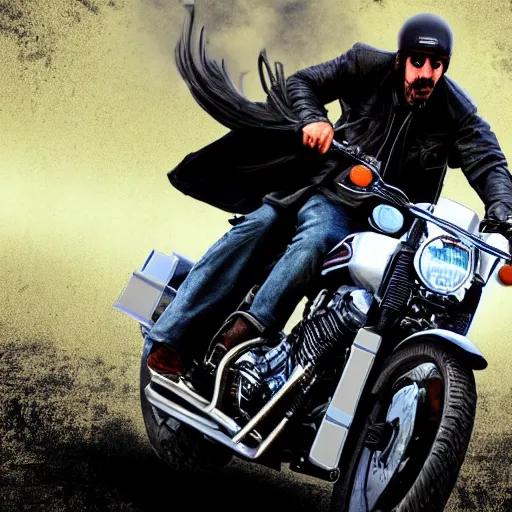 Image similar to Keanu reeves Riding a motorcycle through hell digital art 4K detail