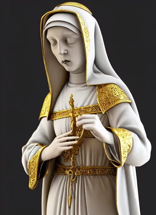 Image similar to a medieval female nun, elegant, filigree renaissance sculpture from gold, marble and fur, brilliant symmetry, created by verrocchio andrea, leonardo da vinci, sandro botticelli, raffaelle monti, epic 7 0 mm lens shot, artstation trending, photorealism, sharp focus, smooth, establishing shot, sense of awe