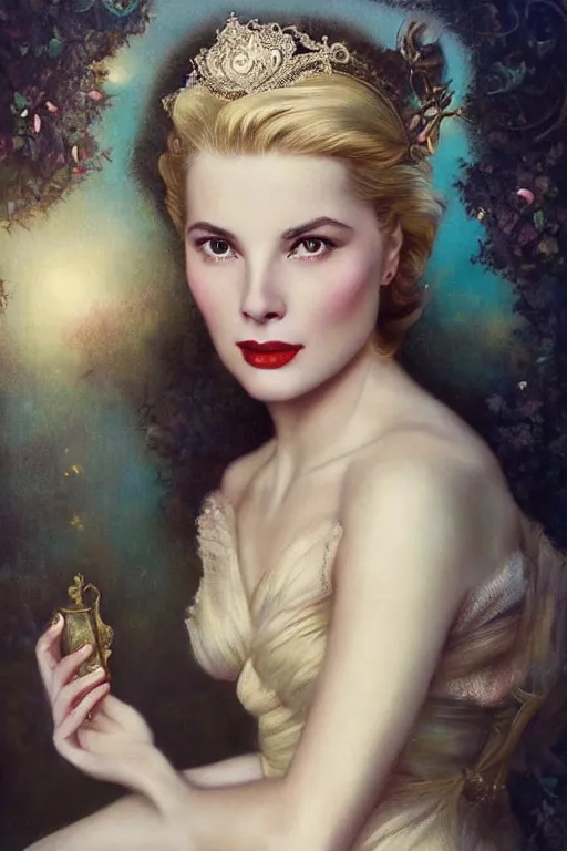 Image similar to a young and extremely beautiful grace kelly infected by night by tom bagshaw in the style of a modern gaston bussiere, art nouveau, art deco, surrealism. extremely lush detail. melancholic scene infected by night. perfect composition and lighting. sharp focus. profoundly surreal. high - contrast lush surrealistic photorealism. genuine laughing.