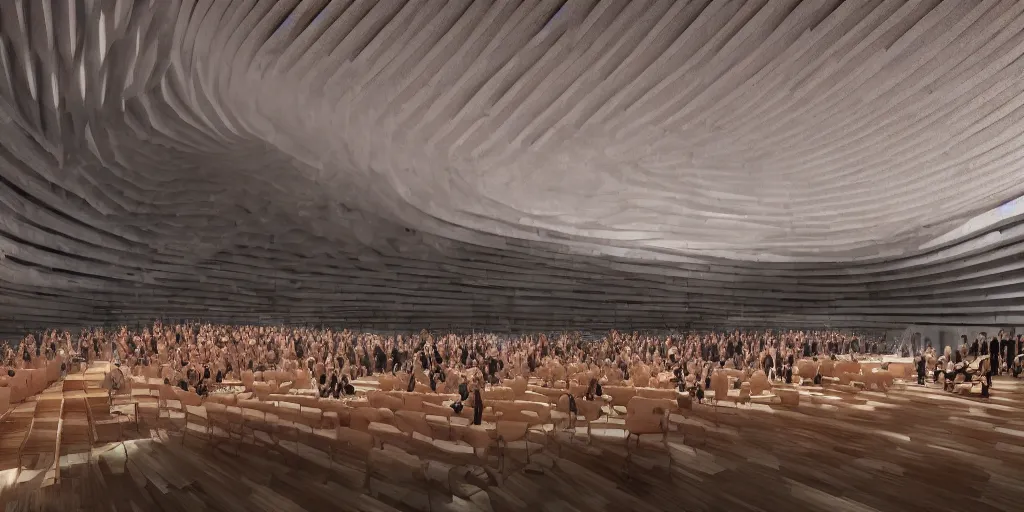 Image similar to interior space of a concert hall venue with a symphony orchesta playing on the stage, concrete material, parametric design, single point perspective, one point perspective light caustics, architecture phenomenology, realistic, low saturated, moody, 4 k, 8 k, center! dream