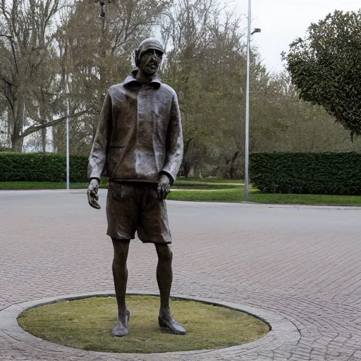 Image similar to high resolution photograph of a bronze cast sculpture of a sad peasant in a roundabout in the style of giacometti