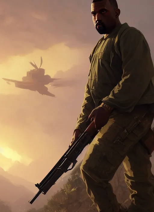 Image similar to highly detailed portrait kanye holding rifle in gta v stephen bliss unreal engine fantasy art by greg rutkowski loish rhads ferdinand knab makoto shinkai lois van baarle ilya kuvshinov rossdraws tom bagshaw global illumination radiant light detailed intricate environment