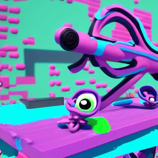 Image similar to splatoon in teal and purple, claymation, 4 k, action, nintendo, width 1 0 2 4