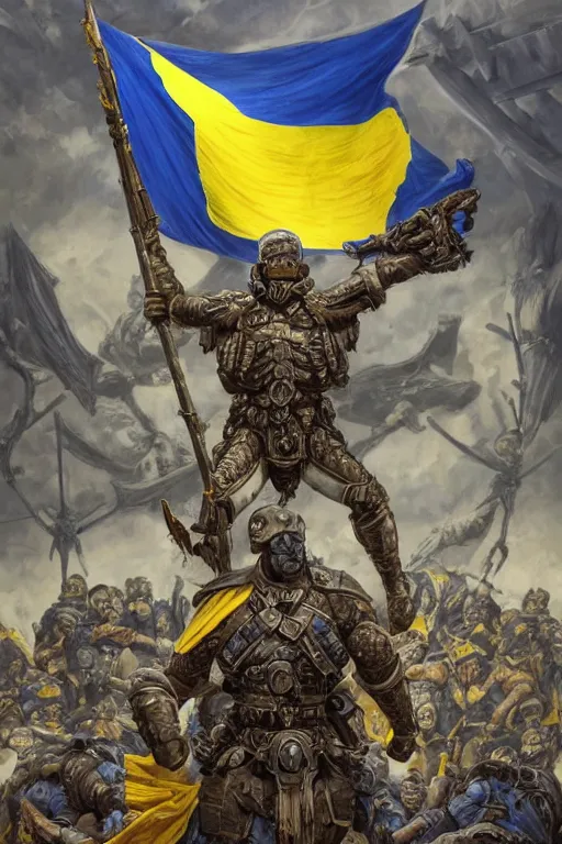 Image similar to a distant shot from behind of a Ukrainian super soldier with blue and yellow flag behind him standing alone on a huge pile of skulls as a winner, masculine muscular figure, D&D, fantasy, intricate, elegant, highly detailed, extremely detailed, digital painting, artstation, concept art, matte, sharp focus, symmetrical, hyperrealistic, illustration, art by Artgerm and Greg Rutkowski and Alphonse Mucha