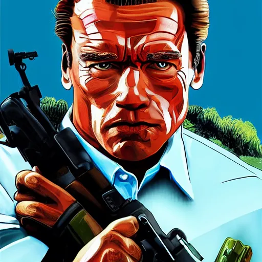 Image similar to Arnold Schwarzenegger in GTA V, cover art by Stephen Bliss, artstation, no text