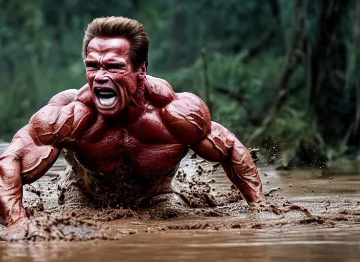 Prompt: photo of schwarzenegger mudbending at predator. highly detailed 8 k. intricate. lifelike. soft light. sony a 7 r iv 5 5 mm. cinematic post - processing