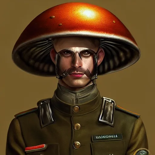 Prompt: man mushroom, military outfit, elegant intricate digital painting artstation concept art by mark brooks and brad kunkle detailed