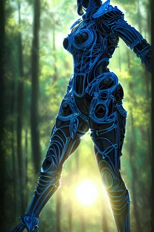 Image similar to hyperrealistic mithra gorgeous black woman intricate exoskeleton bone armor in a forest sun behind her concept art eric zener elson peter cinematic blue light low angle hd 8k sharp shallow depth of field