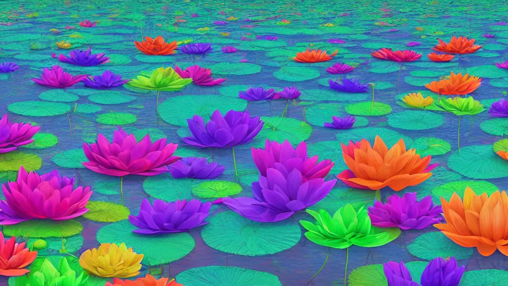 Image similar to digital illustration of a lake full of multi - colored megaflora lotus flowers by dr. seuss, reimagined by ilm and beeple : 1 | spectral color, electric color, rolling hills : 0. 9 | fantasy : 0. 9 | unreal engine, deviantart, artstation, hd, 8 k resolution : 0. 8