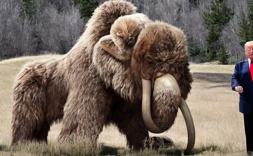 Image similar to Donald Trump in a baby mammoth costume , with an open face