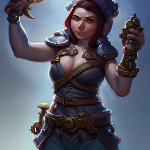 Image similar to muscular female gnome engineer artificer, chunky gauntlets, short dark hair, naval landscape, full body portrait, d & d, fantasy, intricate, elegant, highly detailed, digital painting, artstation, centred, rule of thirds, concept art, matte, sharp focus, illustration, cover by artgerm, art by greg rutkowski