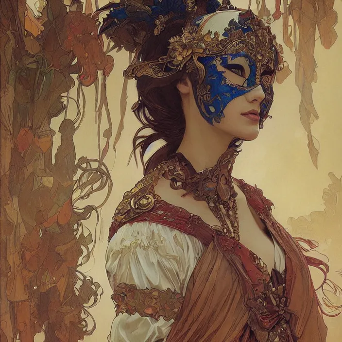 Image similar to female wearing venetian carnival mask by artgerm, greg rutkowski, alphonse mucha