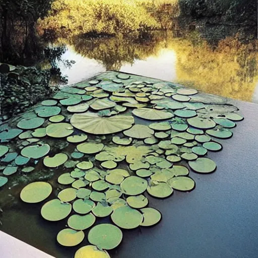 Image similar to sketched, renaissance offhand by valerio olgiati, by scarlett hooft graafland. a peaceful installation art that shows a pond with water lilies floating on the surface. the colors are soft & calming, & the overall effect is one of serenity & relaxation.