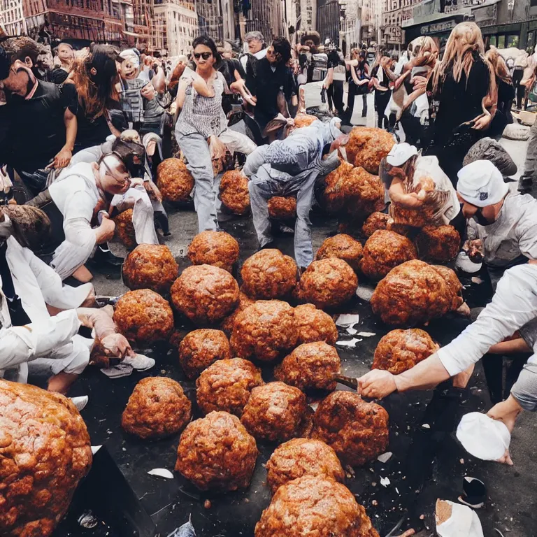 Image similar to A picture of the people of New York sculpting a giant meatball together using smaller meatballs, 4k ultra hd, trending on Instagram