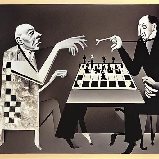 Prompt: dali playing a game of chess against pablo picasso