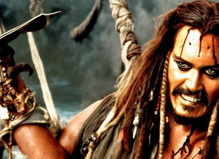 Image similar to Bruce Campbell playing Jack Sparrow in Pirates of the Caribbean, film still, 4k