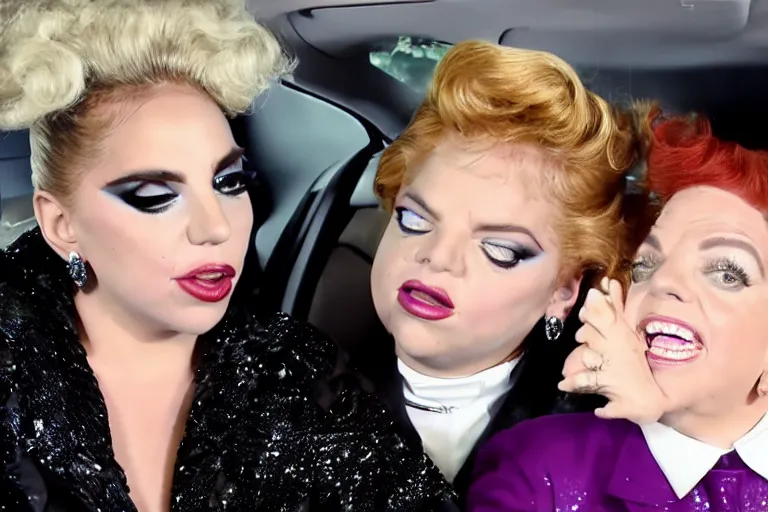 Image similar to carpool karaoke lady gaga and judy garland, highly realistic, highly detailed, high resolution, 8 k 4 k,