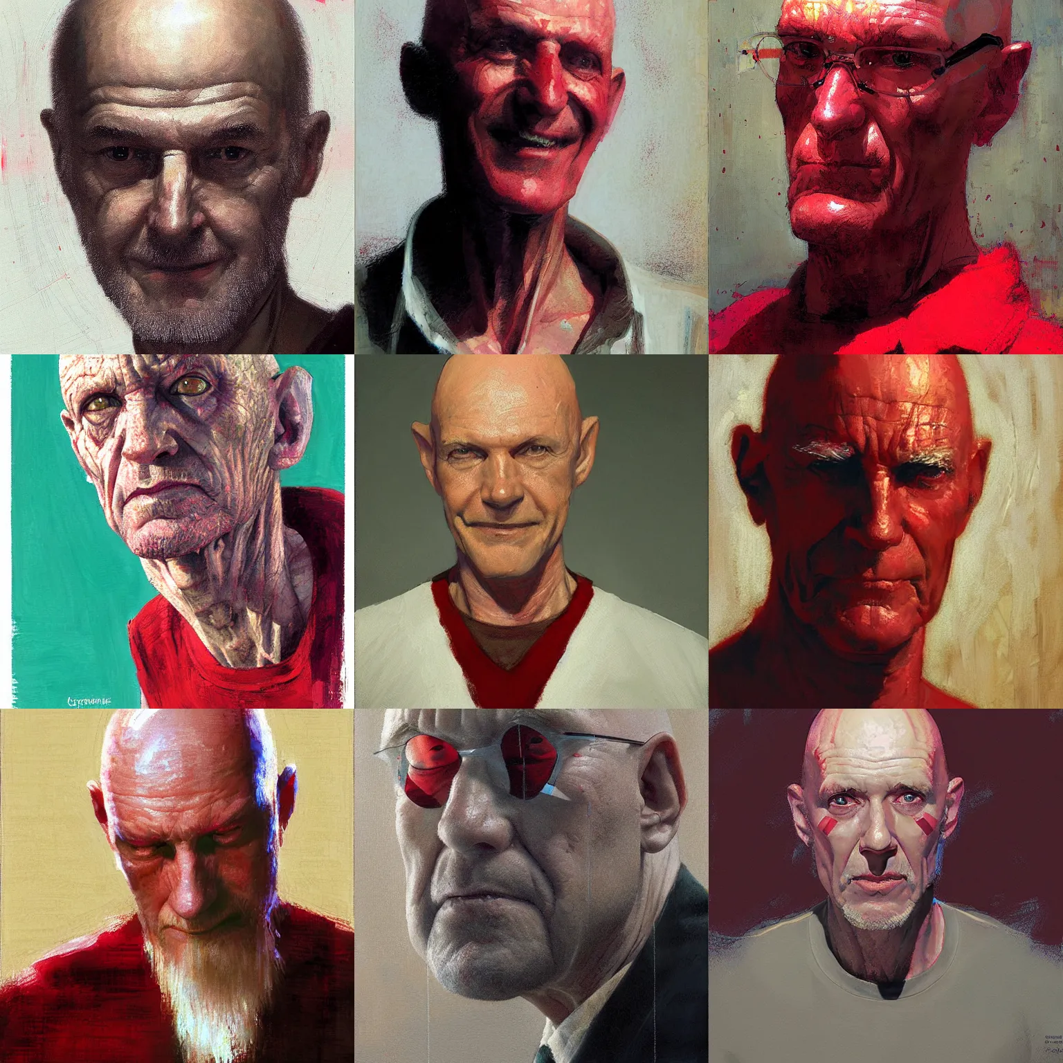 Prompt: full head portrait of a slender old white man, bald, red stripe on head, 50mm, painting by ((Craig Mullins)), by !!Moebius!!,