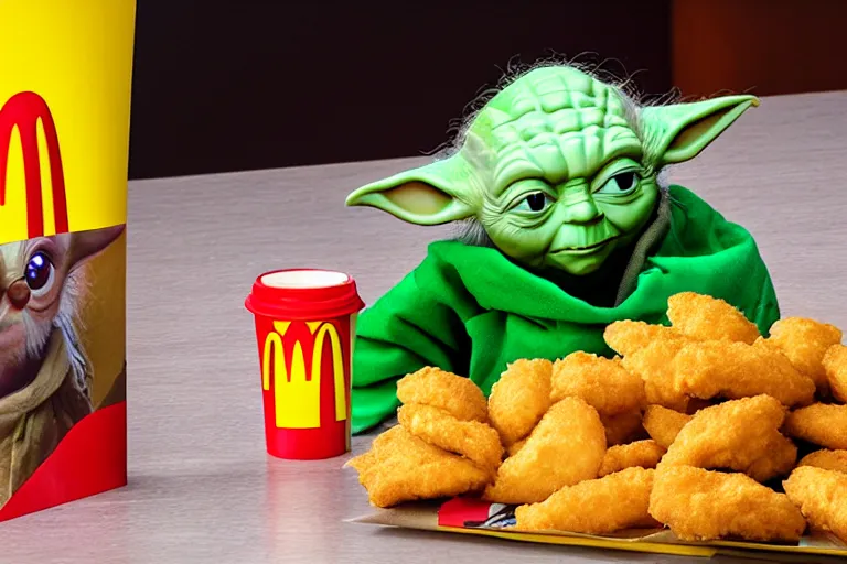 Prompt: yoda, annoyed, yoda sitting behind a table inside mcdonald's, small red cardboard box on table, yellow m logo on box, tray of chicken nuggets 3 5 mm, f / 2. 8