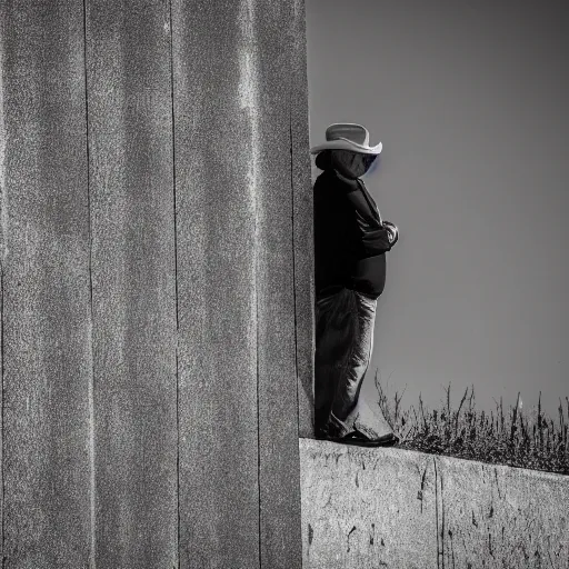 Image similar to Mike Myers gazing at the US-Mexican Wall, XF IQ4, f/1.4, ISO 200, 1/160s, 8K, RAW, unedited, symmetrical balance, in-frame