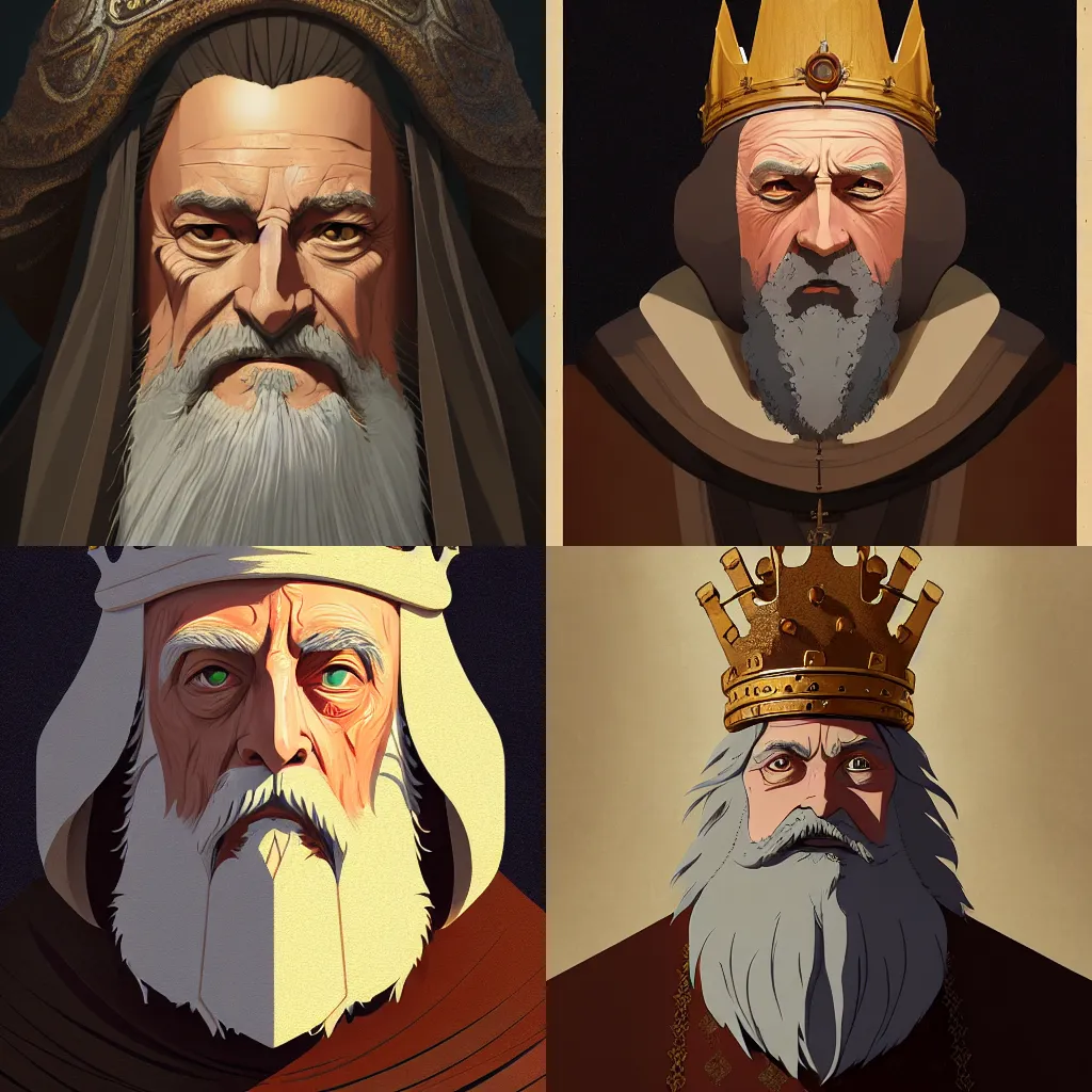 Prompt: portrait of a medieval old king, elegant, highly detailed, digital painting, artstation, concept art, smooth, sharp focus, illustration, art by studio ghibli and fujita goro and tom whalen, 8 k