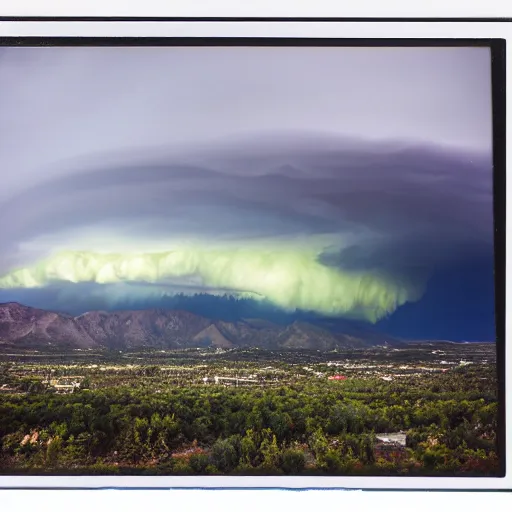 Prompt: 4 k hdr polaroid sony a 7 wide angle photo of a tornado over salt lake city utah with moody dramatic stormy lighting and a lightning strike in the distance